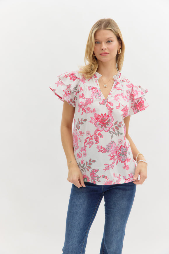 Floral Ruffle Sleeve Top | Pink