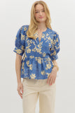 Botanical Puff Sleeve Top | Blue