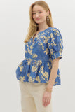 Botanical Puff Sleeve Top | Blue