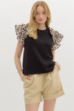 Leopard Tiered Sleeve Top | Black