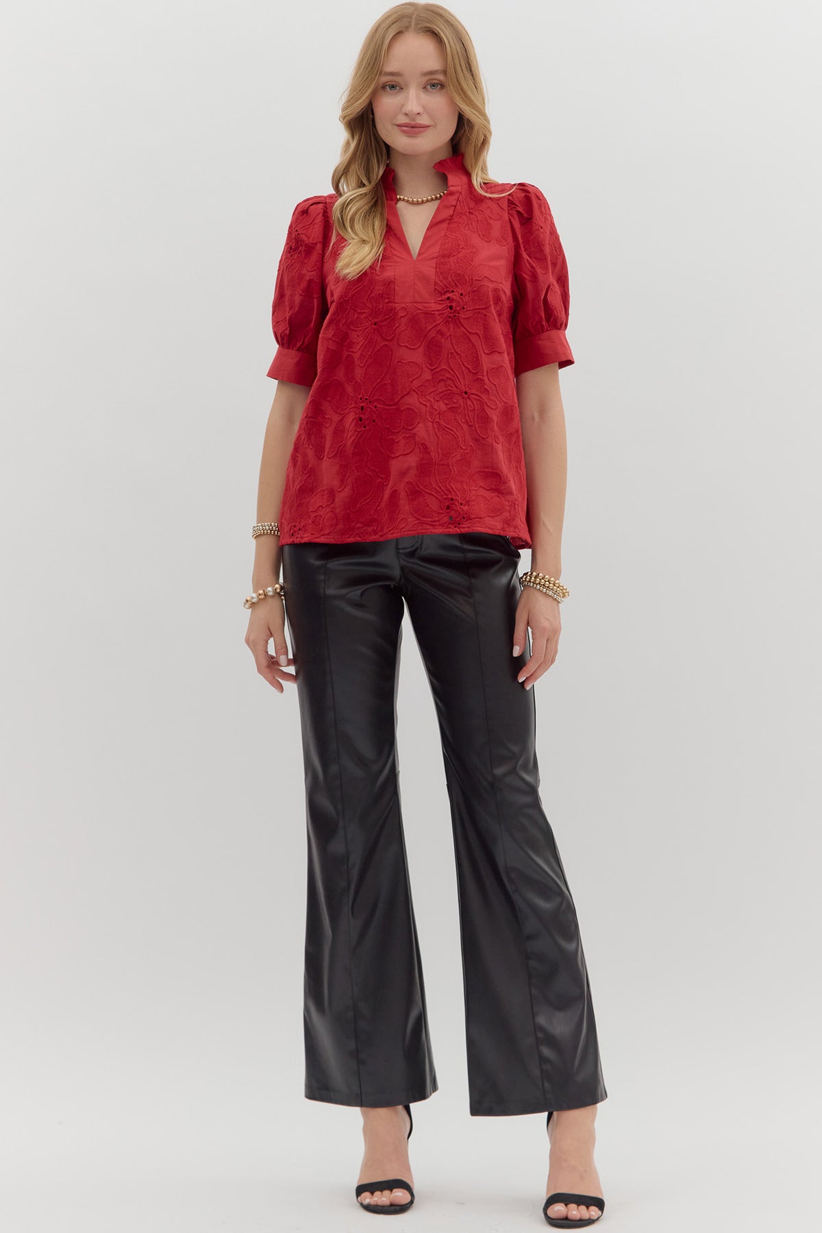 Embroidered Floral Band Trim Top | Red