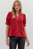 Embroidered Floral Band Trim Top | Red