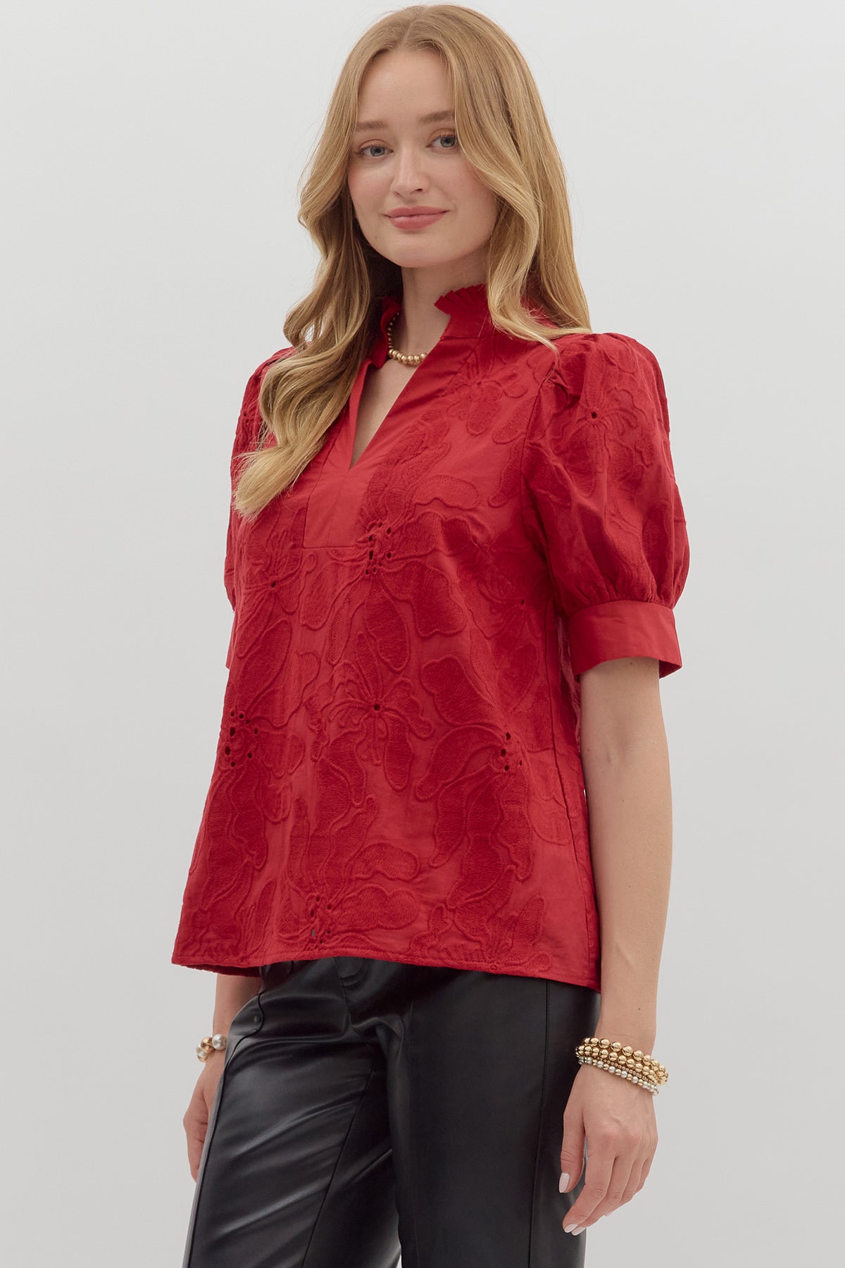 Embroidered Floral Band Trim Top | Red