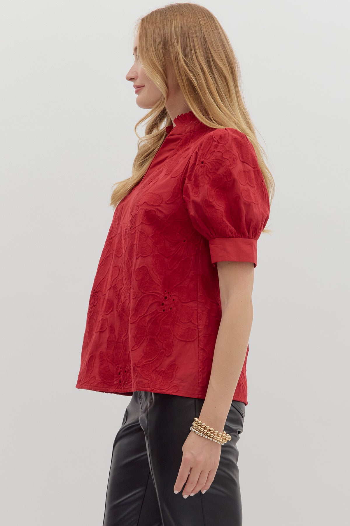 Embroidered Floral Band Trim Top | Red