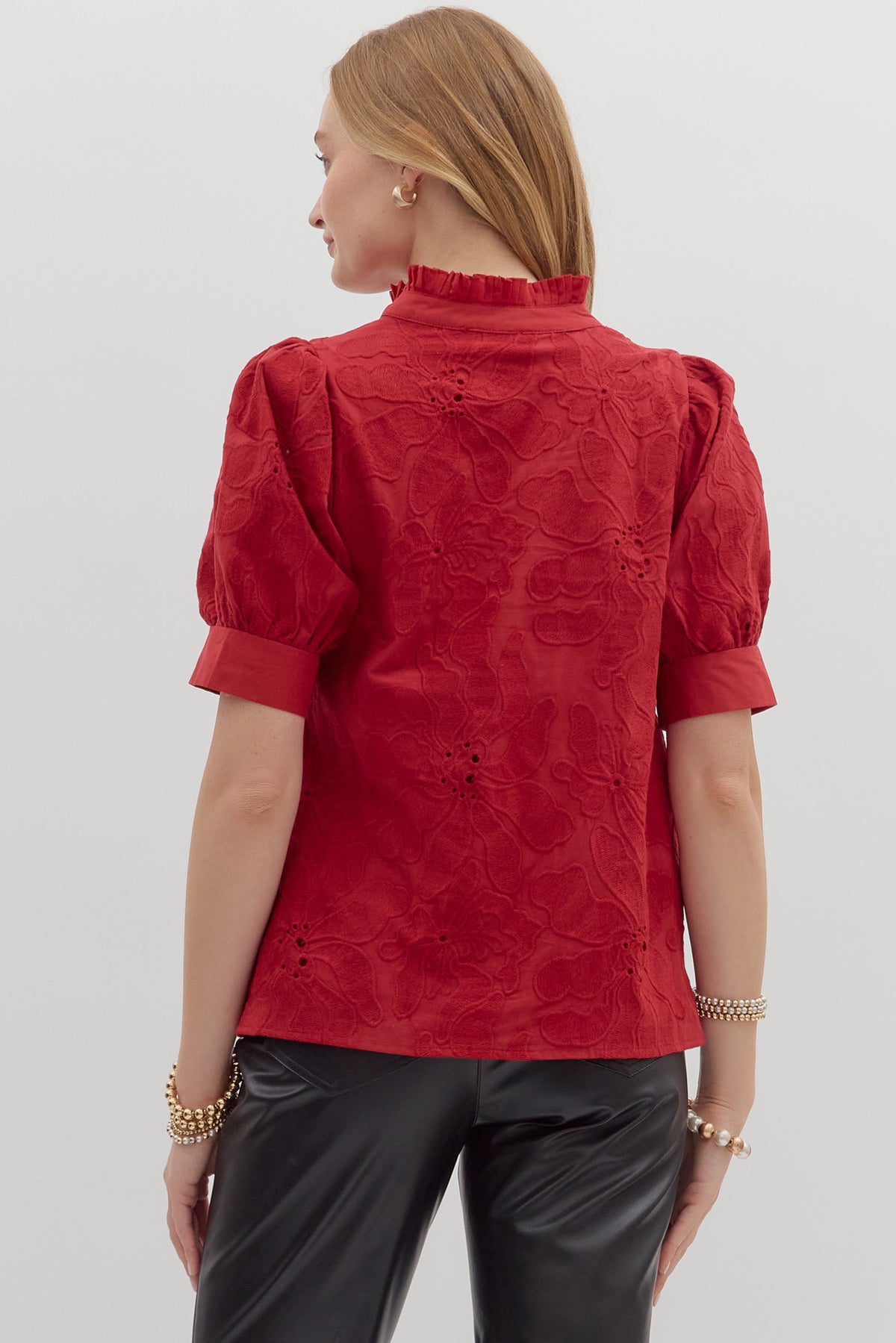Embroidered Floral Band Trim Top | Red