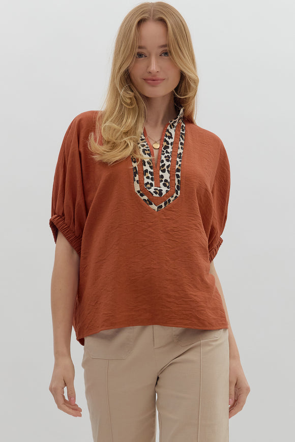 Leopard Trim Split Neck Top | Rust