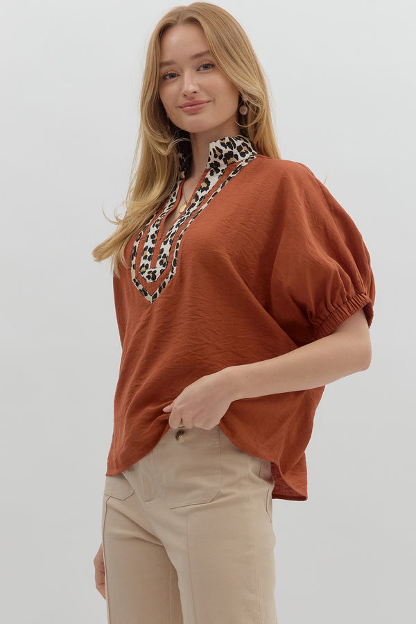Leopard Trim Split Neck Top | Rust