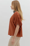 Leopard Trim Split Neck Top | Rust