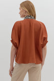 Leopard Trim Split Neck Top | Rust