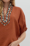 Leopard Trim Split Neck Top | Rust