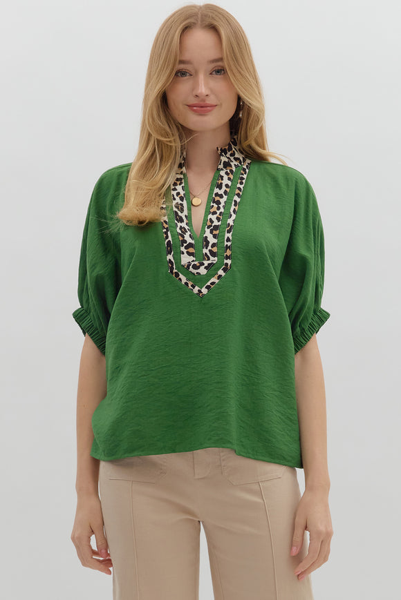 Leopard Trim Split Neck Top | Fern