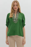 Leopard Trim Split Neck Top | Fern