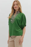 Leopard Trim Split Neck Top | Fern