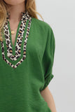 Leopard Trim Split Neck Top | Fern