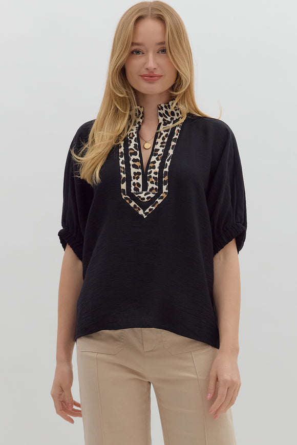 Leopard Trim Split Neck Top | Black