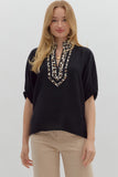 Leopard Trim Split Neck Top | Black