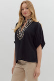Leopard Trim Split Neck Top | Black