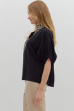 Leopard Trim Split Neck Top | Black