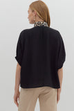 Leopard Trim Split Neck Top | Black