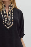 Leopard Trim Split Neck Top | Black
