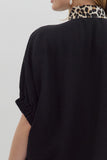 Leopard Trim Split Neck Top | Black
