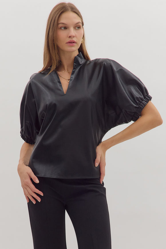 Faux Leather Split Neck Top | Black