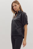 Faux Leather Split Neck Top | Black