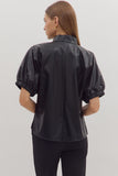 Faux Leather Split Neck Top | Black