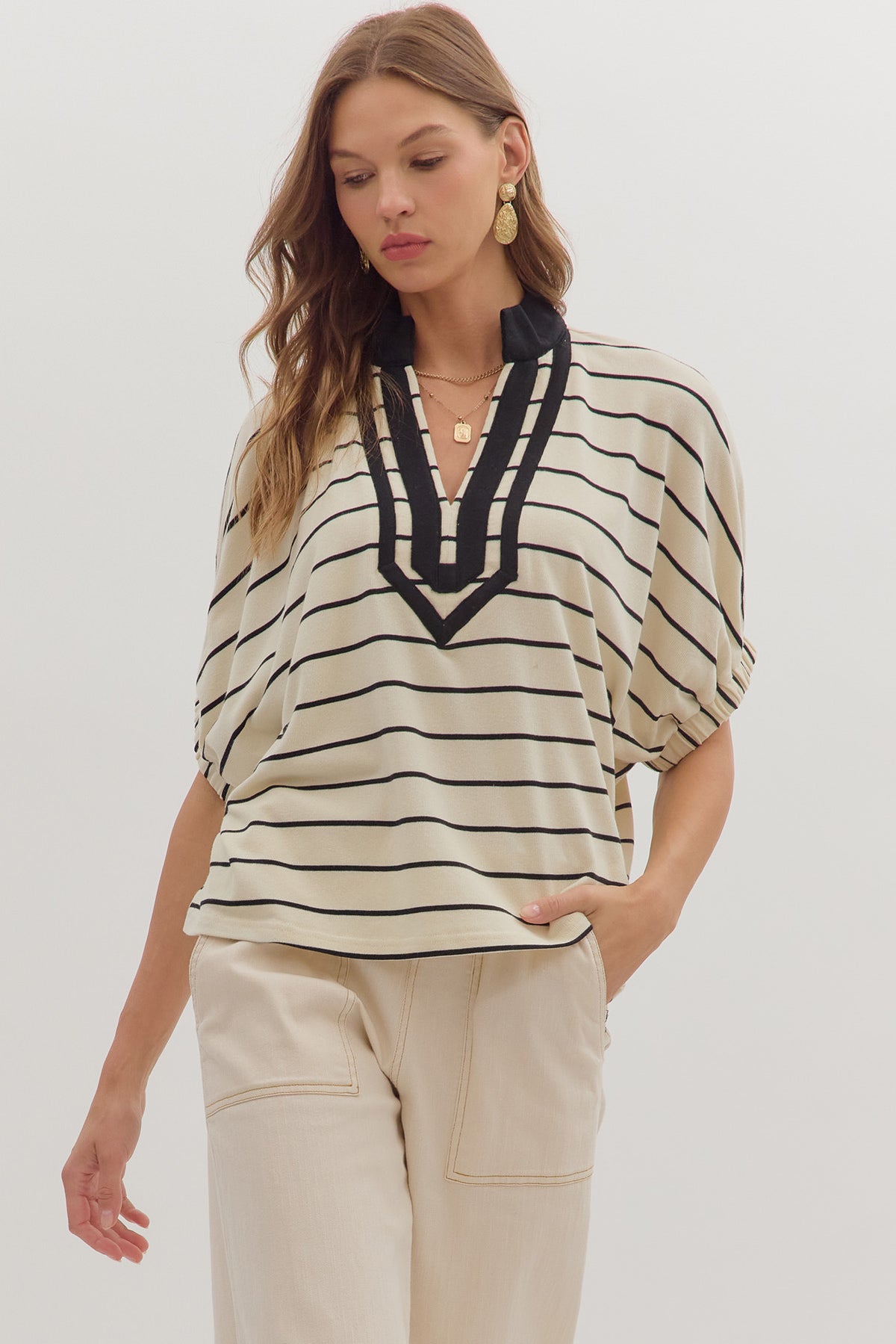 Striped Dolman Sleeve Top | Cream