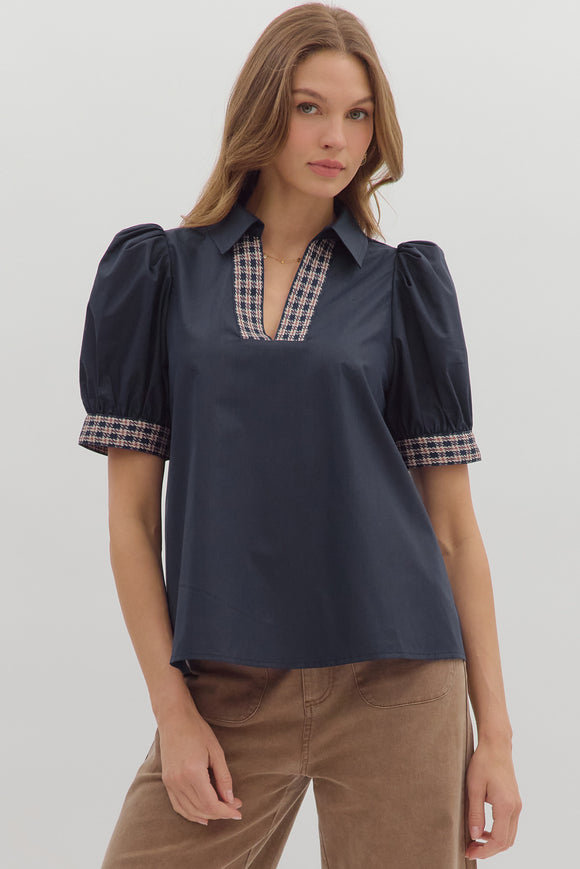 Contrast Band Trim Puff Sleeve Top | Navy