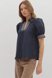 Contrast Band Trim Puff Sleeve Top | Navy