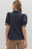 Contrast Band Trim Puff Sleeve Top | Navy