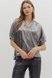 Metallic V-Neck Top | Pewter