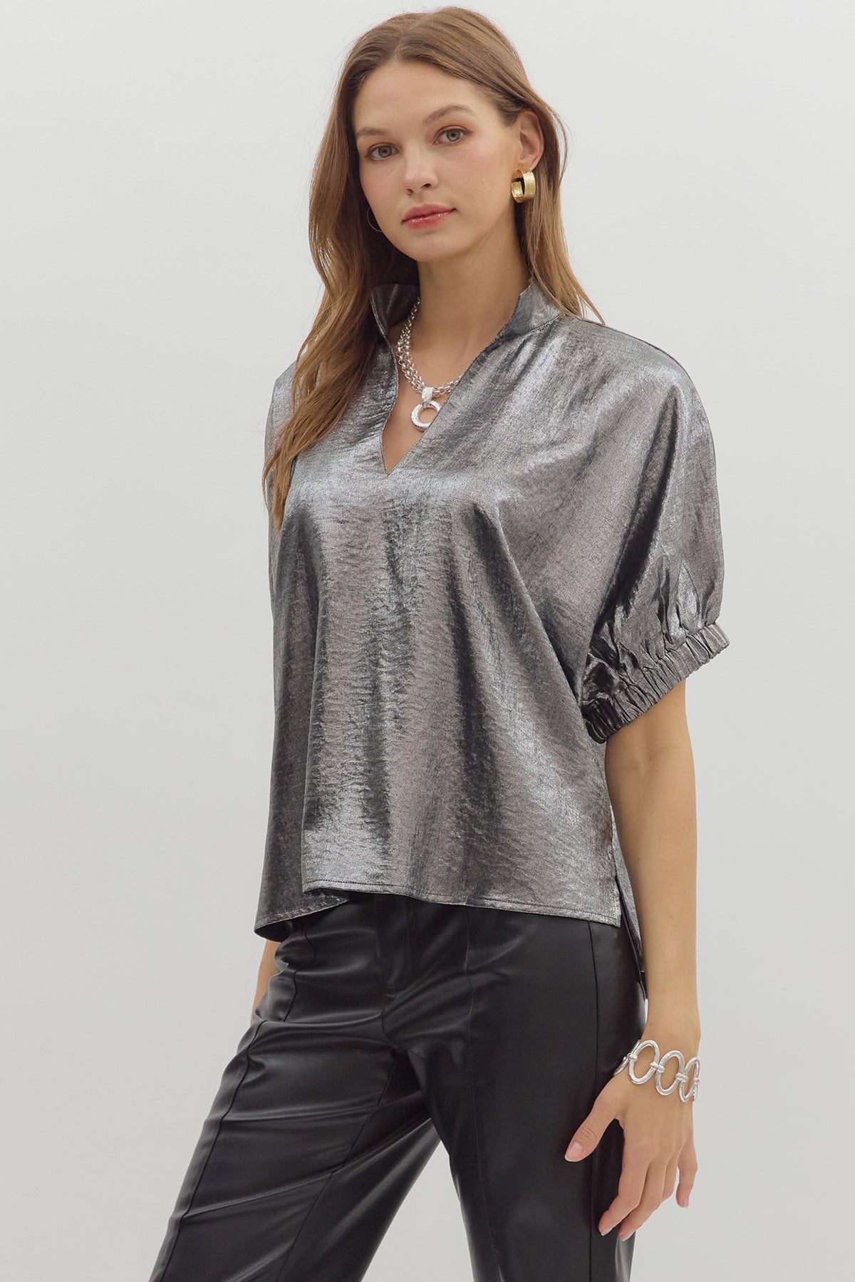 Metallic V-Neck Top | Pewter