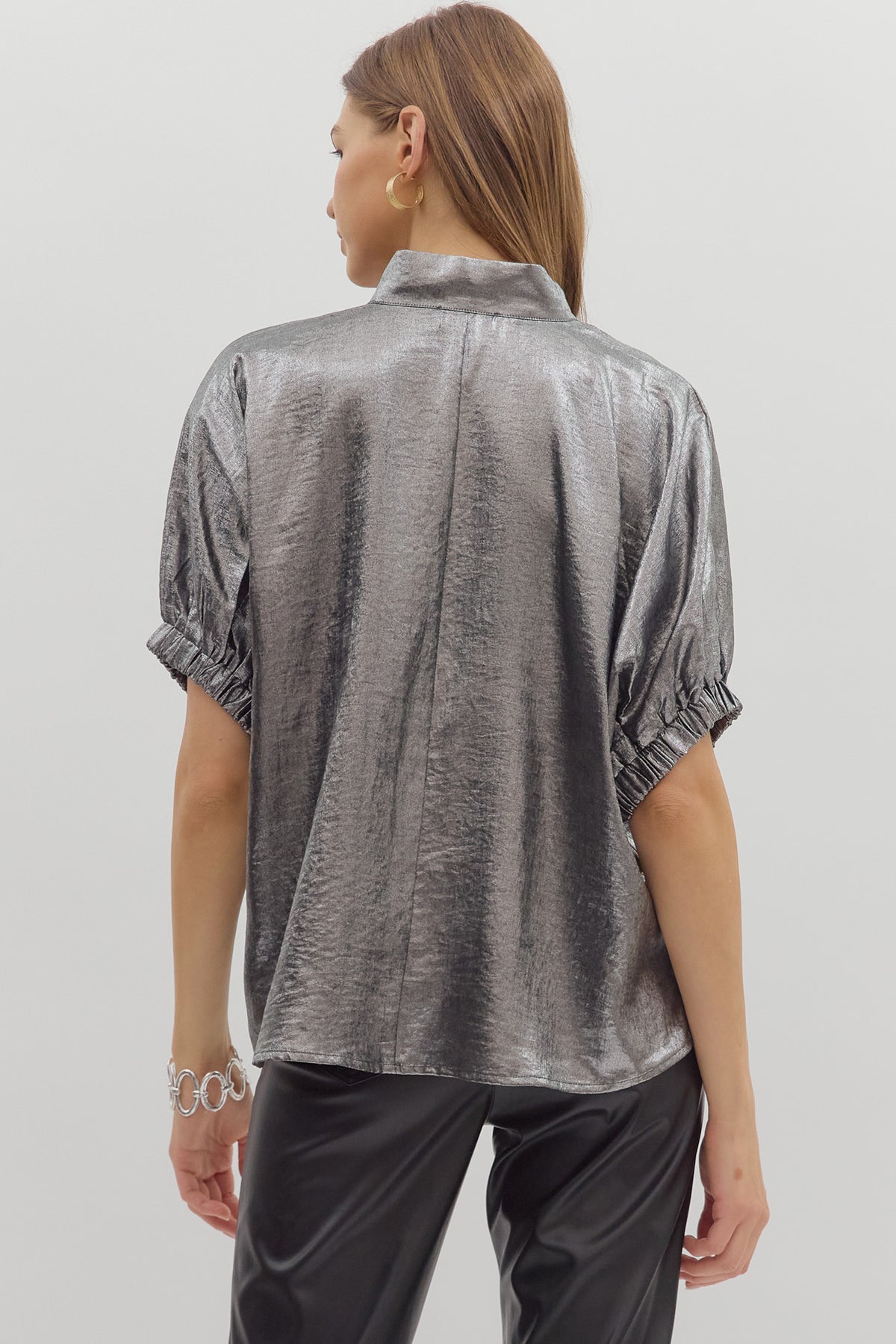 Metallic V-Neck Top | Pewter
