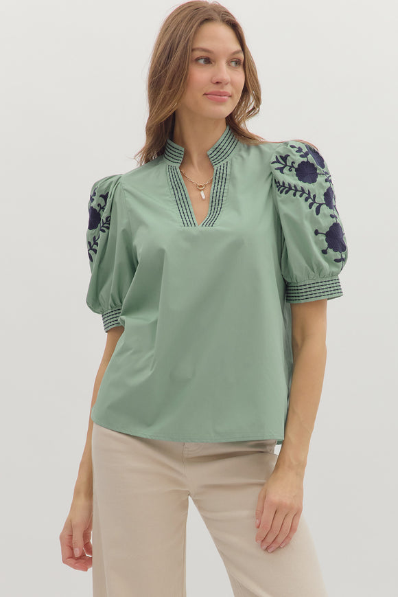 Embroidered Puff Sleeve Top | Sage/Navy