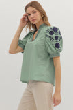 Embroidered Puff Sleeve Top | Sage/Navy