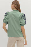 Embroidered Puff Sleeve Top | Sage/Navy