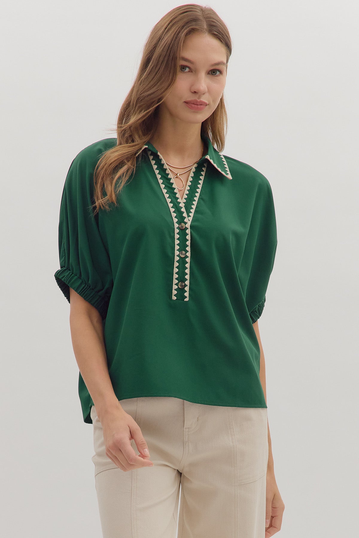 Scallop Trim Collar Top | Green