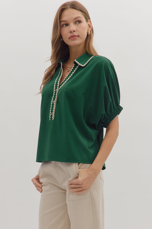 Scallop Trim Collar Top | Green