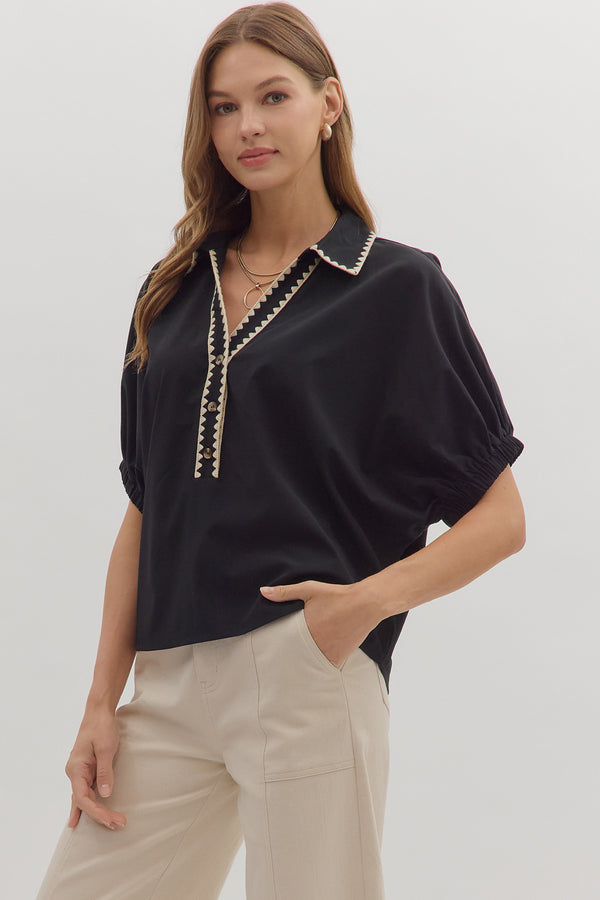 Scallop Trim Collar Top | Black