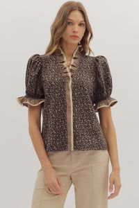 Leopard Ruffle Accent Top | Mocha