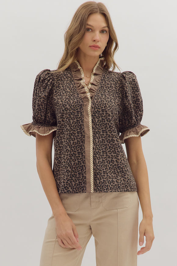 Leopard Ruffle Accent Top | Mocha