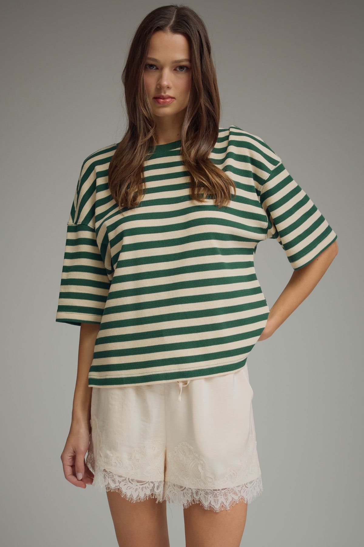 Striped Ribbed Relaxed Top | Green