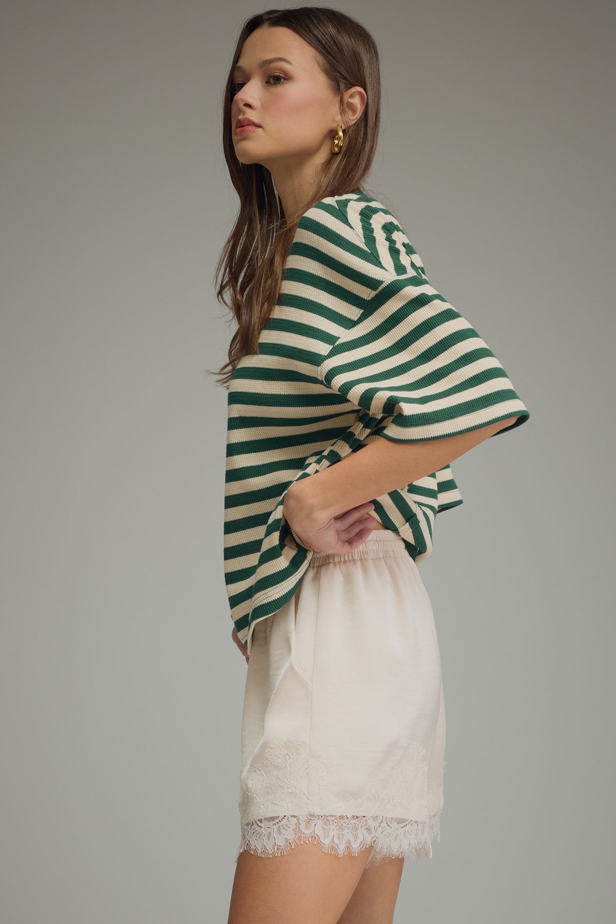 Striped Ribbed Relaxed Top | Green