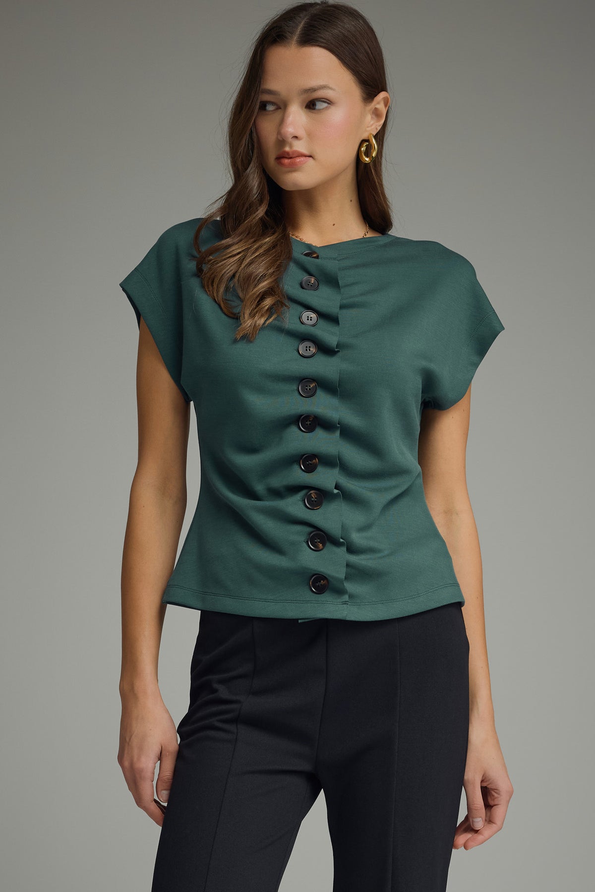 Cinched Button Accent Top | Hunter Green