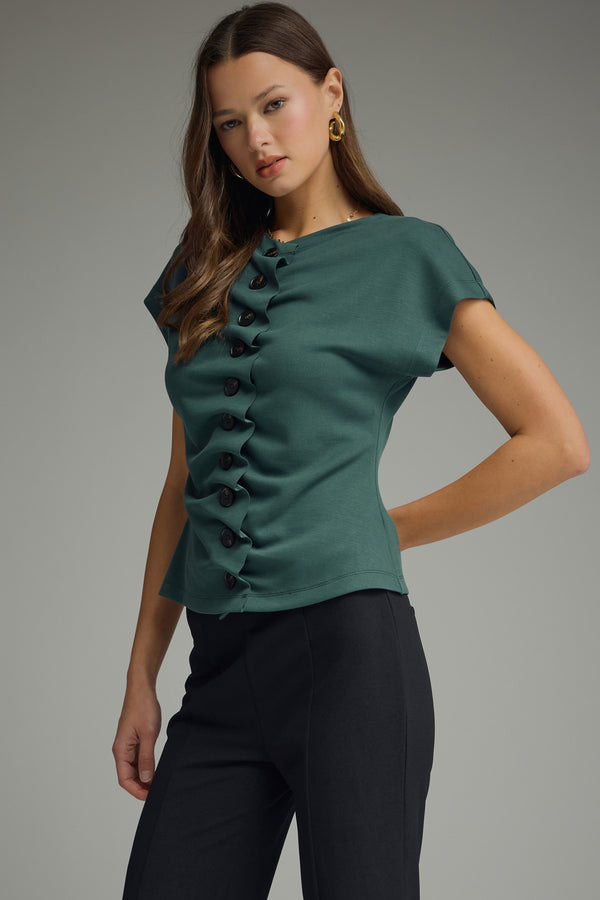 Cinched Button Accent Top | Hunter Green