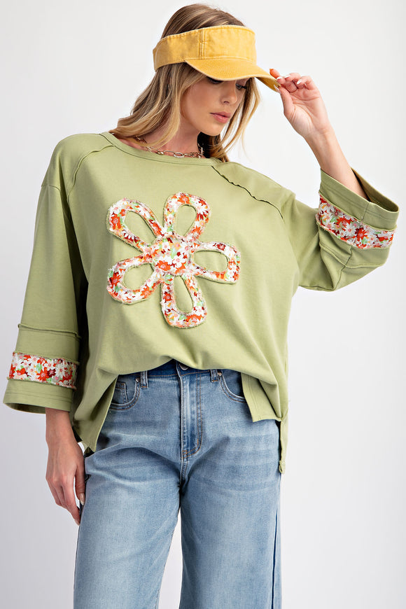 Flower Patch 3/4 Sleeve Terry Knit Top | Pistachio