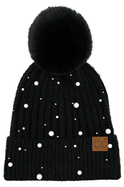 Pearl Embellished Pom Pom Beanie | Black