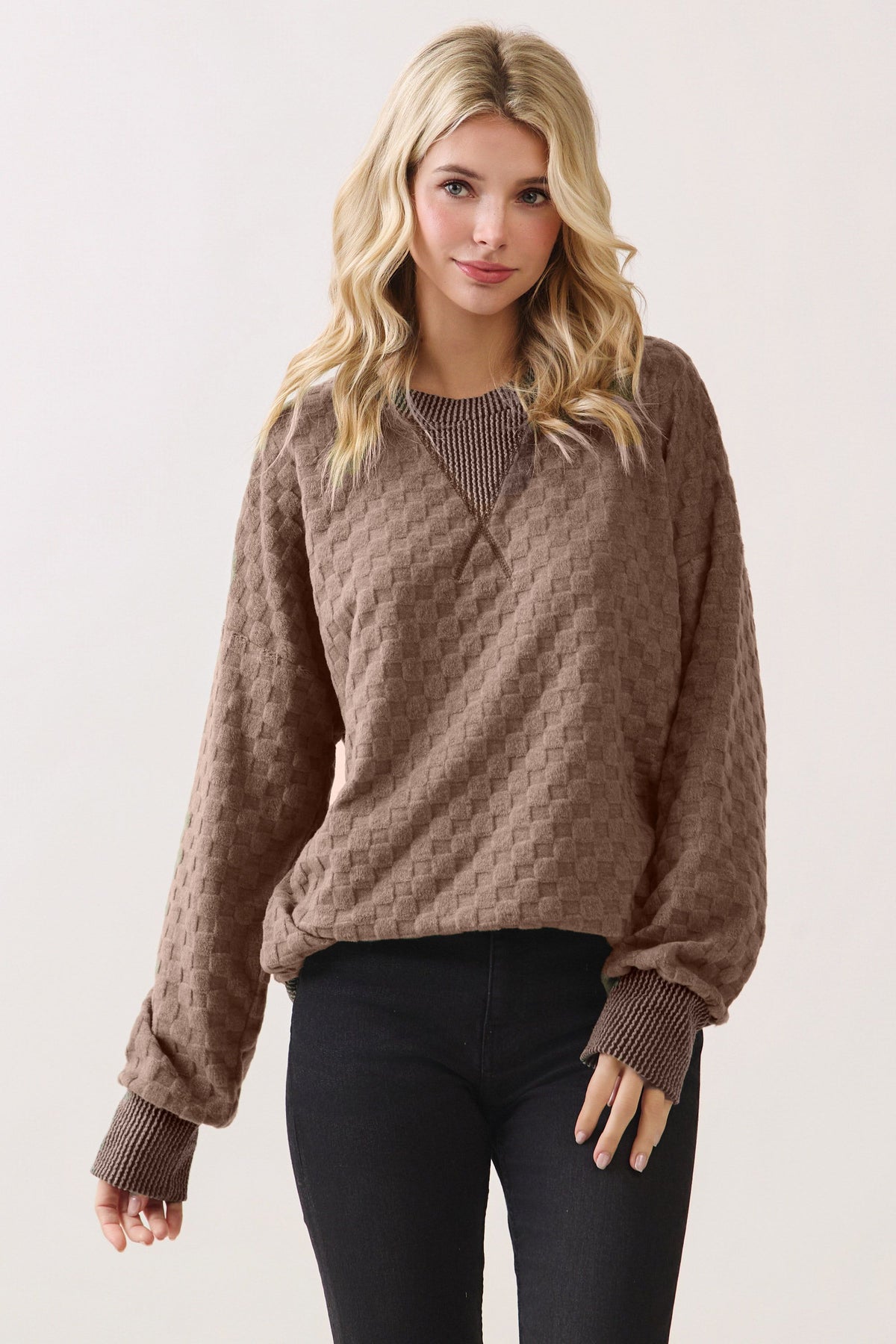 Textured Checker Knit Pullover Top | Mocha